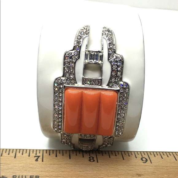 KJL Kenneth Jay Lane Orange rhinestone,white enamel cuff bracelet - Picture 2 of 8